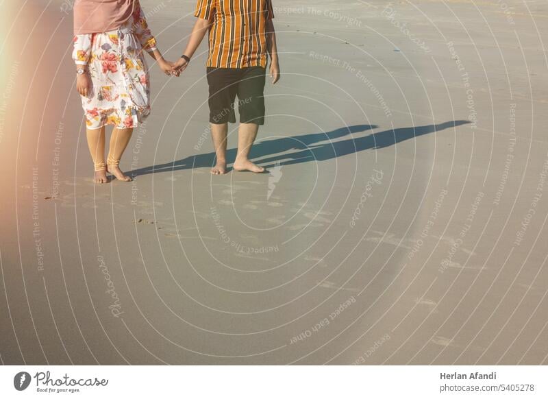 Rückansicht eines Paares, das Hand in Hand am Ufer spazieren geht Frau Menschen jung schön Natur Glück Lifestyle Mann Sommer Mädchen Kaukasier reisen männlich
