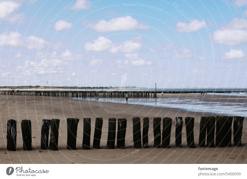 Polder an der Nordsee in Holland Meer Cadzand Urlaubsfoto wolken bewölkt Pfähle Strang Ebbe linien diagonal Landschaft Sand schwarz blau