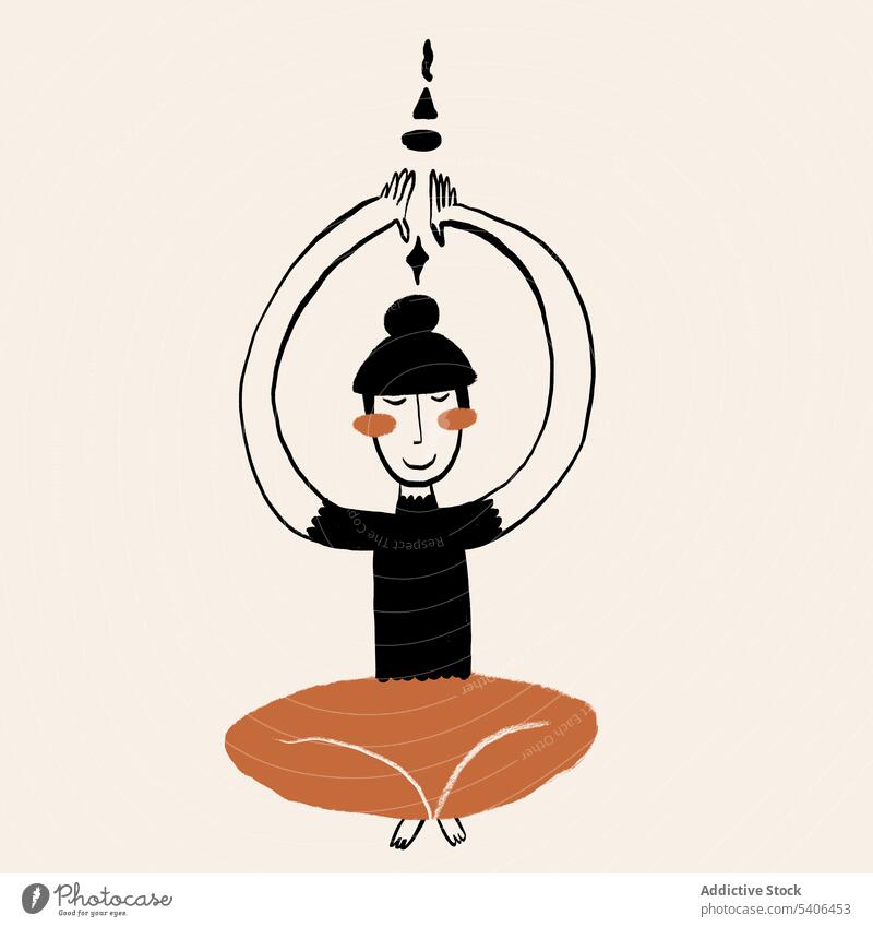 Vektor Cartoon der Frau meditiert mit geschlossenen Augen in Padmasana Pose Lotus-Pose padmasana meditieren Yoga Arme hochgezogen Achtsamkeit