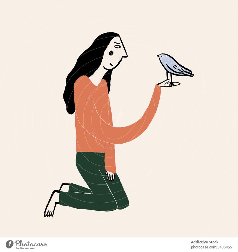 Vektor-Illustration der Dame mit Vogel auf der Hand sitzt auf den Knien Frau Grafik u. Illustration Tier Besitzer Windstille Interesse graphisch Symbol