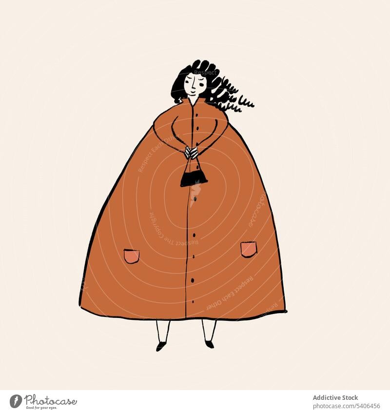 Vektor-Bild der Cartoon-Frau im Mantel gegen weißen Hintergrund Stil Grafik u. Illustration Design graphisch Vorlage Kunst Gekritzel Element Charakter Karikatur