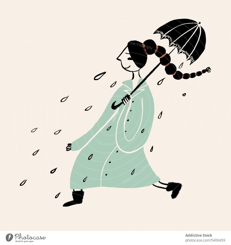 Flach Stil Illustration der Dame mit Regenschirm zu Fuß auf regnerischen Tag Frau Spaziergang Grafik u. Illustration Vektor Design handgezeichnet Wetter Herbst
