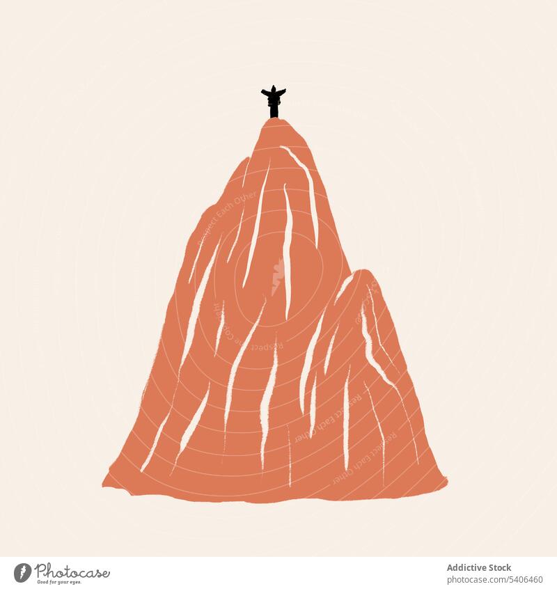 Flach Stil Illustration von Wanderer stehen auf Berggipfel mit ausgestreckten Armen Person Berge u. Gebirge erreichen Reisender ausdehnen Tal Vektor