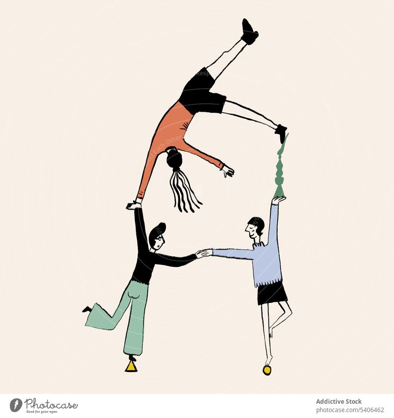 Vektor-Design von Zirkusartisten tun akrobatischen Trick Menschen Händchenhalten Grafik u. Illustration Aktivität Gleichgewicht Kunst Charakter Karikatur