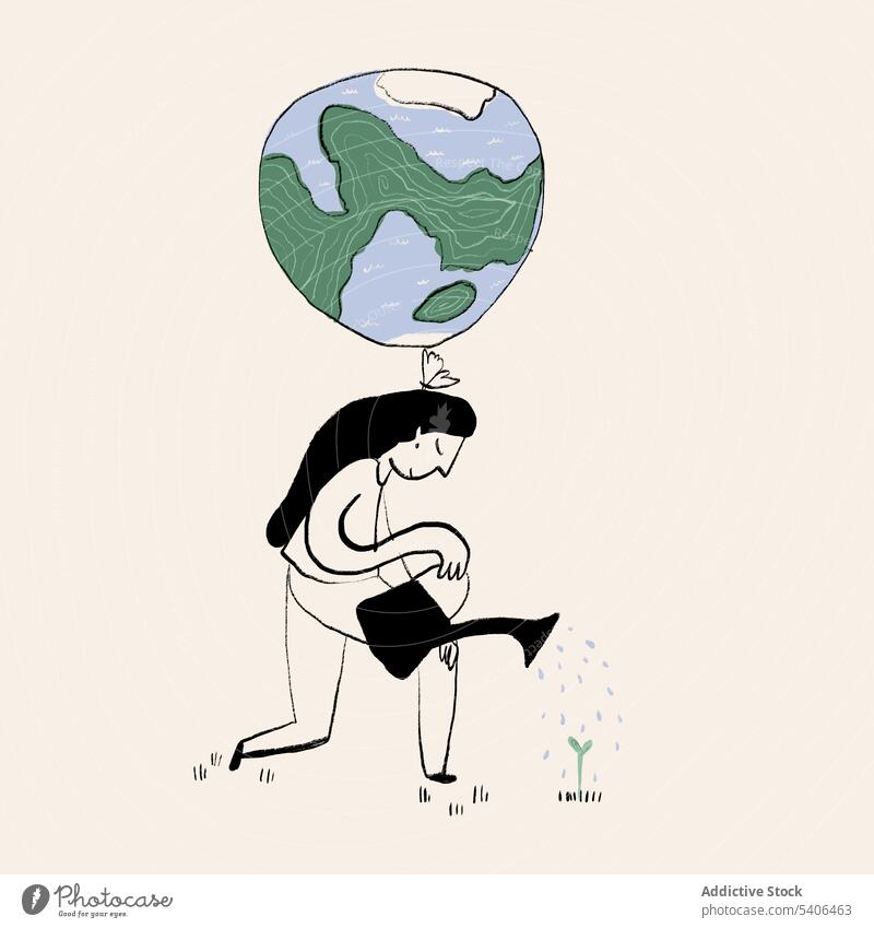 Vektorbild einer Frau, die sich um eine kleine Pflanze kümmert Gießkanne Globus Erde Umwelt Ökologie Pflege Grafik u. Illustration Konzept sprießen Blatt Planet