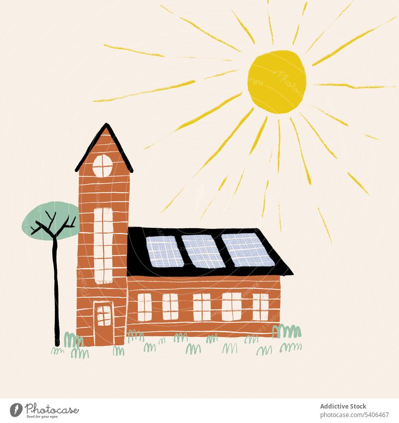 Hand gezeichnete Illustration von Haus mit Baum und Sonne gegen weißen Hintergrund wohnbedingt Turm Grafik u. Illustration Anwesen handgezeichnet Vektor