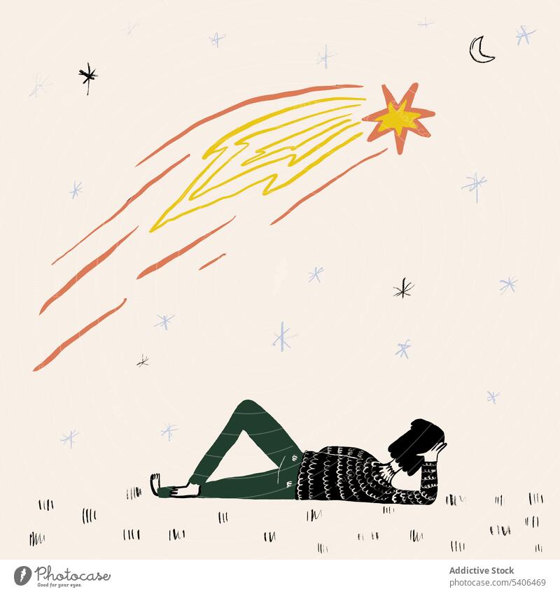 Vektor-Illustration der Person auf dem Rasen unter Sternenhimmel liegend sternenklar Himmel bewundern Lügen Nacht Grafik u. Illustration Natur Erholung Design
