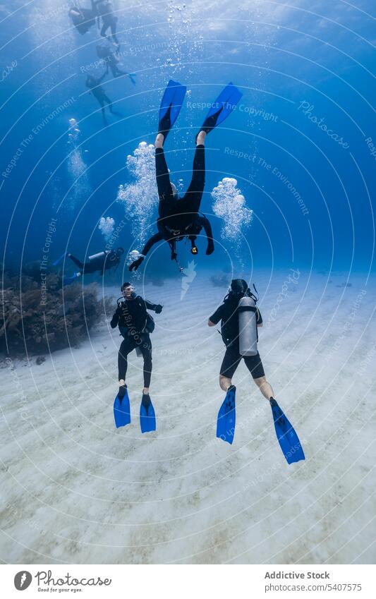 Taucher, die mit Tauchanzug und Maske unter Wasser schwimmen Menschen Tauchgerät erkunden unterseeisch Hobby Tourismus Sinkflug Cancun Mexiko amerika Schnorchel