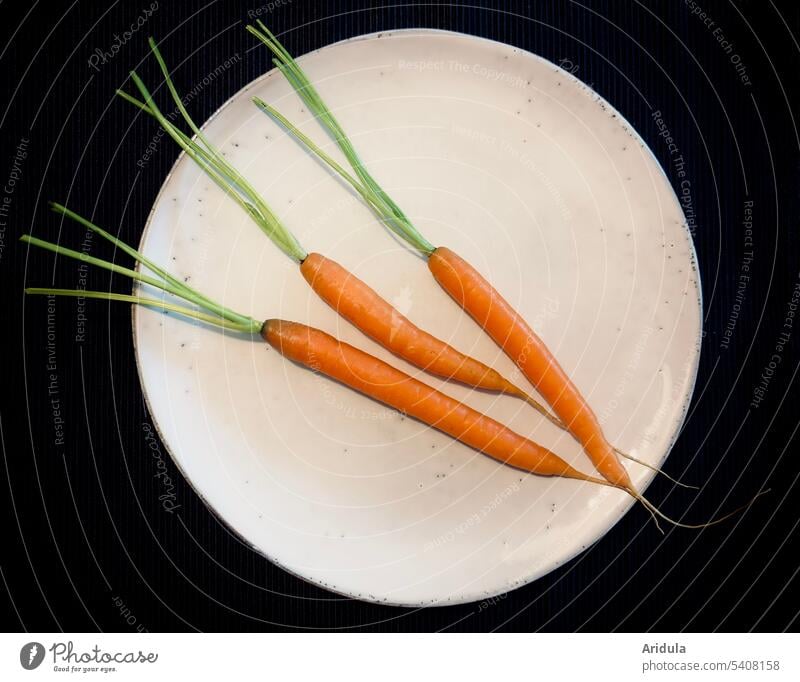 Drei Möhren auf einem hellen Teller Karotten Gemüse frisch gesund orange Essen Bioprodukte Vegetarische Ernährung Gesunde Ernährung Gesundheit Vitamine