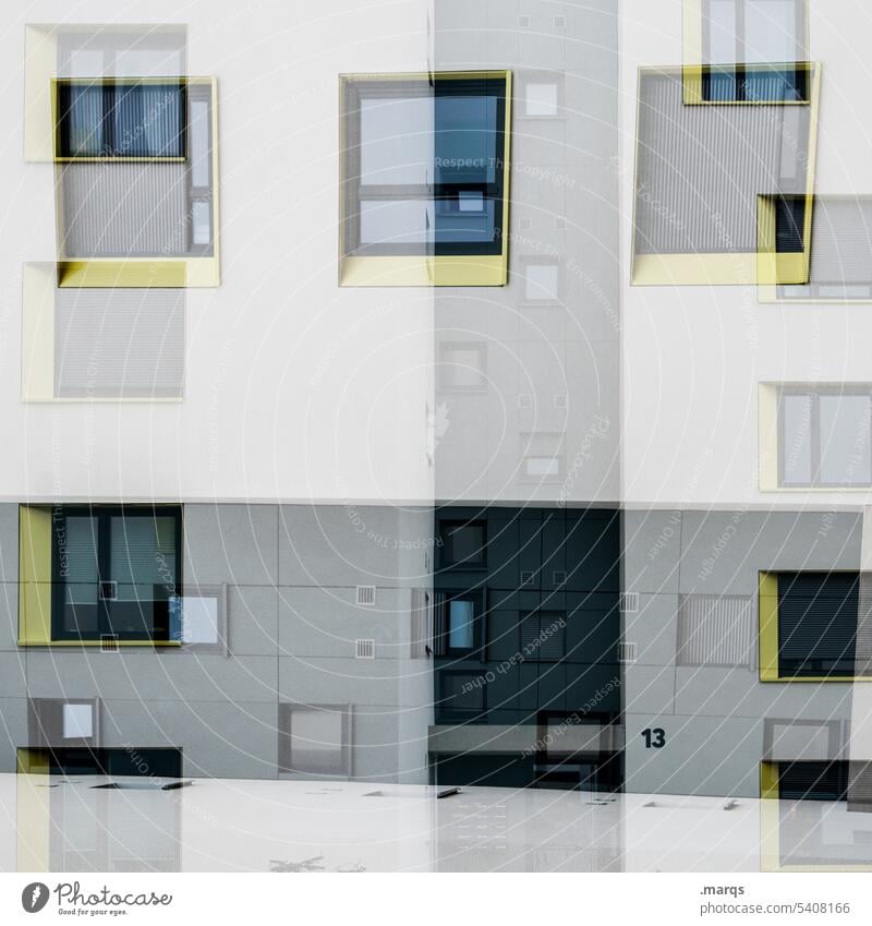 13 Fassade Haus wohnen abstrakt Doppelbelichtung Perspektive verrückt Architektur Design modern außergewöhnlich Irritation gelb grau weiß schwarz Fenster