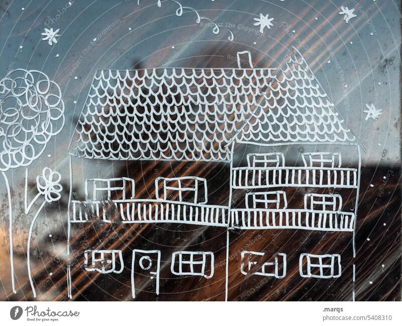 Häuschen Fensterscheibe gemalt Schneeflocke Weihnachten & Advent Haus Kamin heimelig zuhause Eigenheim Linien Kindheit Dekoration & Verzierung gemütlich