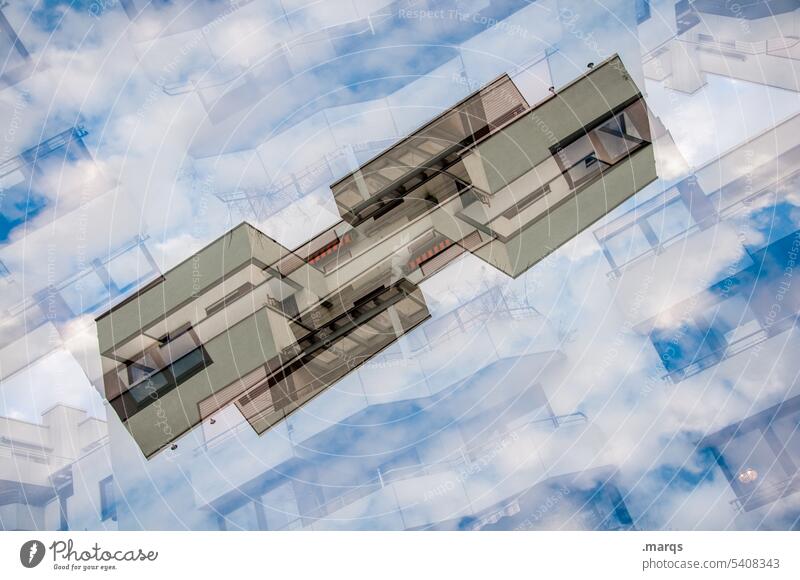 Moderne Architektur modern abstrakt Doppelbelichtung Himmel Wolken Schönes Wetter Fassade Bauwerk Design ästhetisch Symmetrie wohnen