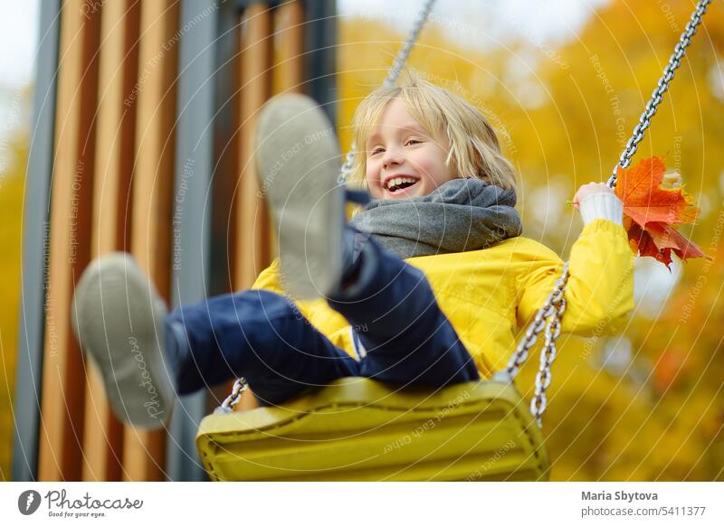 Kleiner Junge hat Spaß auf einer Schaukel auf dem Spielplatz im öffentlichen Park am Herbsttag. Glückliches Kind genießen schwingen. pendeln fallen swinging