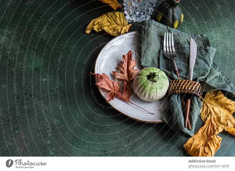 Herbstlich gedeckter Tisch vor dunklem Hintergrund herbstlich Einstellung Kulisse Besteck Gabel Messer Serviette Teller Tischwäsche Geschirr Blatt farbenfroh