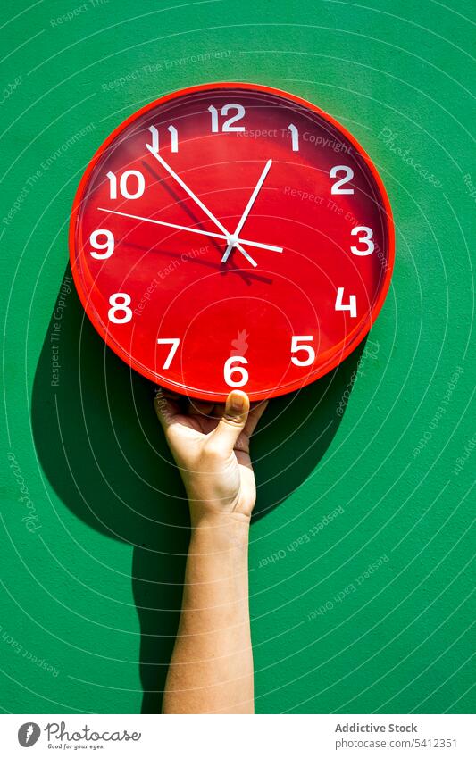 Crop Hand hält rote Uhr in grünem Studio Person Zeit kreisen Stunde Minute zeigen rund Wand Halt Frist hell Konzept kreativ Form punktuell manifestieren