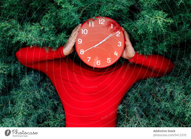 Mann versteckt Gesicht mit roter Uhr vor grünem Gebüsch Deckblatt Tierhaut Zeit Park Buchse Natur Frist punktuell männlich lässig Pflanze Strauch Deckung Garten