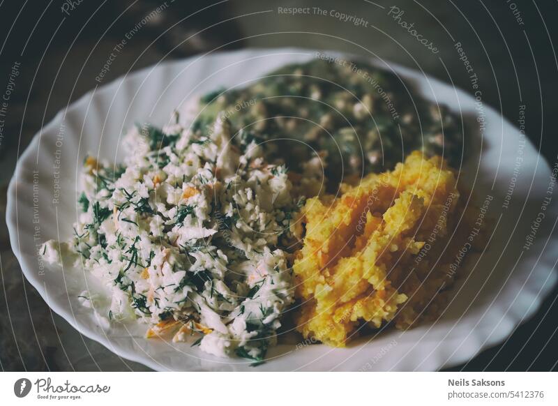 Gewöhnliche Hausmannskost mit Krautsalat und Kartoffelpüree mit Möhren auf einem weißen Teller Hintergrund Küchenchef gehackt Nahaufnahme gekocht