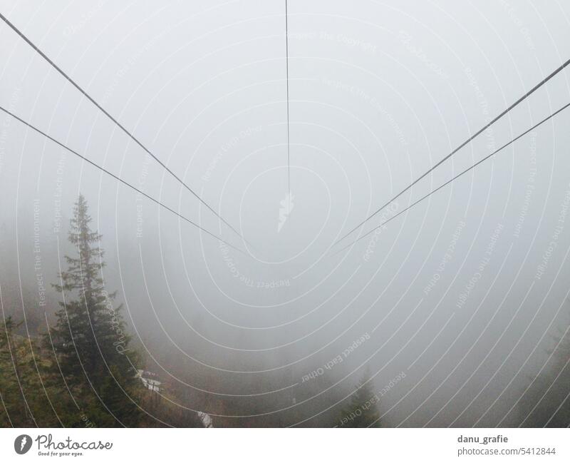 Luftseilbahn im Nebel Nebelstimmung Nebelwand Nadelwald im Nebel Nebelmeer grau Außenaufnahme Herbst schlechtes Wetter