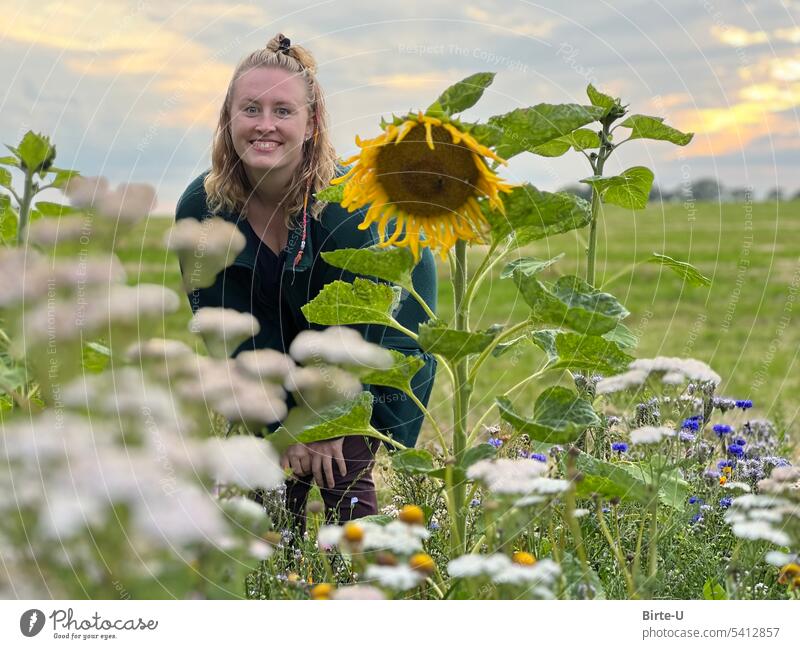 Junge Frau auf einer Blumenwiese Sonnenblume Lebensfreude Freude an der Natur Glück glücklich sein den Moment genießen Farbfoto Sommer Freiheit Freizeit & Hobby