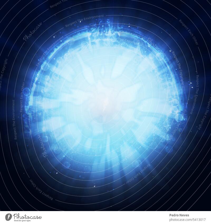 Blau glitzernde Bokeh Hintergrund mit leuchtenden Licht glänzend beleuchtet abstrakt defokussiert blau Schaumblase Staubwischen glühend horizontal