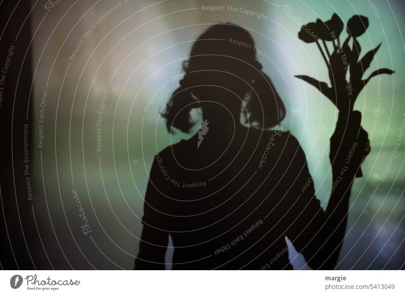 Die Silhouette eines Mädchens. Es   gratuliert mit einem Blumenstrauß Schatten Schattenspiel Zöpfe Tulpen tulpenstrauß Scherenschnitt profilbild Profil Frau