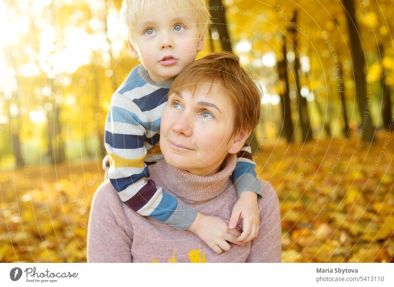 Kleiner Junge umarmt seine Großmutter bei einem Spaziergang im sonnigen Herbstpark. Freundschaft zwischen Großeltern und Kind Enkel Oma Familie Komfort Baby