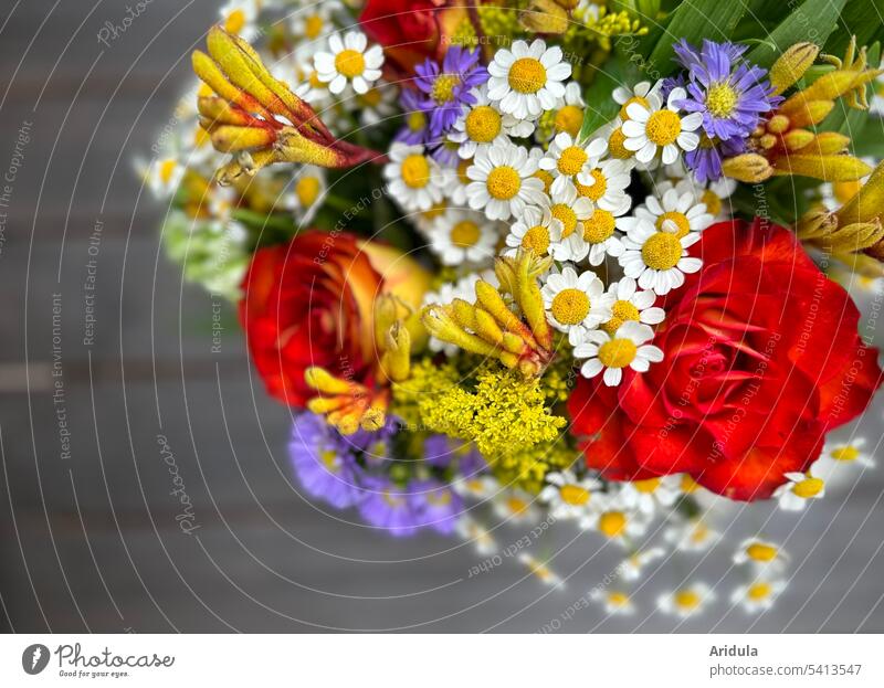 Blumenstrauß auf Holztisch Strauß Rosen Mageritten Blüte Dekoration & Verzierung Geschenk Dankeschön Aufmerksamkeit Sommer rot weiß