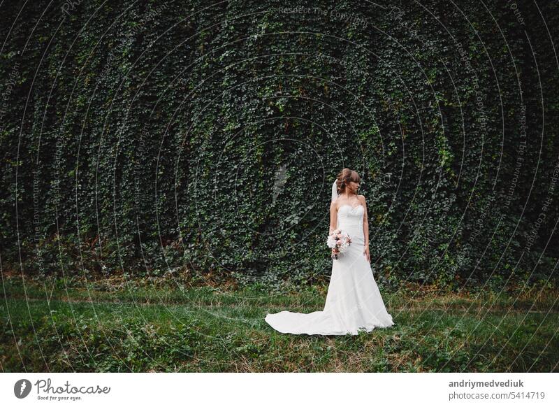 Schöne Braut in Mode Hochzeitskleid auf natürliche background.the atemberaubende junge Braut ist unglaublich glücklich. Hochzeitstag. Eine schöne Braut Porträt.