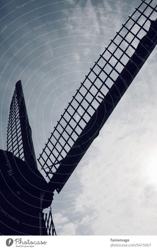 Windmühle in Retranchement, Holland windmühle Rückverwandlung holländisch niederlande emblematisch symbolisch Schatten licht blauer Himmel Diagonale drehen