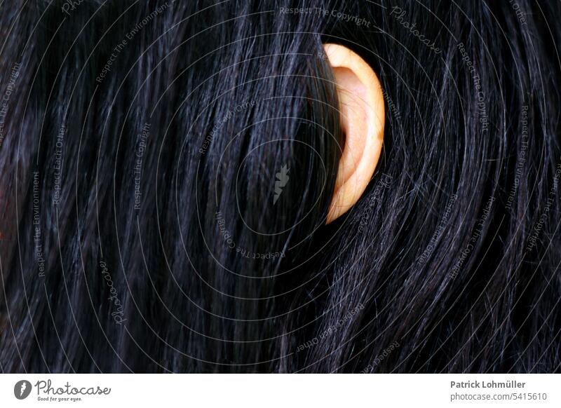 Lauschlappen frau weiblich haare ohr kopf detail hören detailaufnahme schwarz dicht strähnen haarsträhnen frisur halbkreis gehör schwerhörigkeit feminin