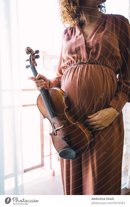 Junge lächelnde Frau mit Geige schwanger Musiker jung Lächeln Mutterschaft elegant Raum Fenster Instrument heiter Kunst Klang Spielen Leistung Melodie Geiger
