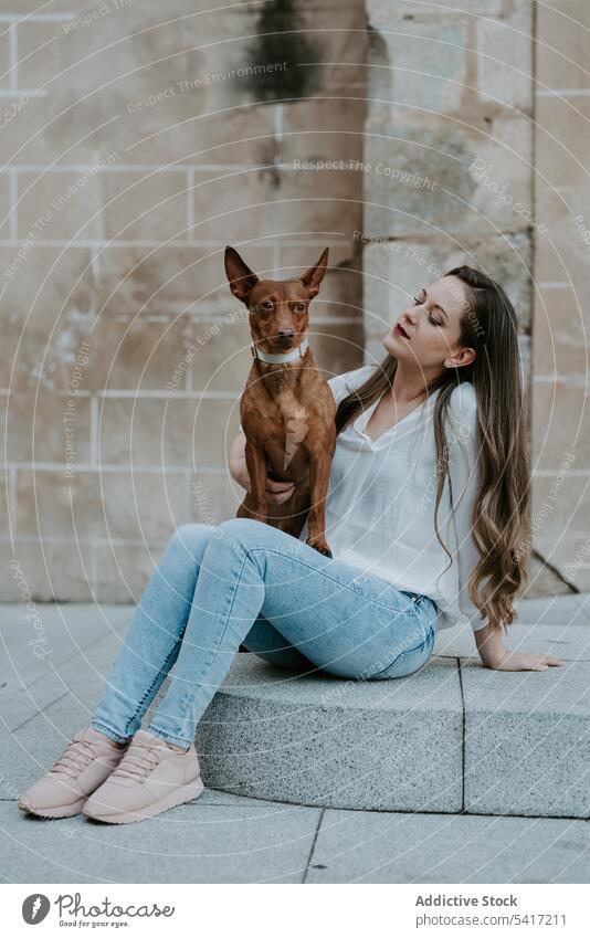 Frau mit reinrassigem Hund auf steinerner Veranda Stil Straße Zusammensein Haustier schön Freund Tier träumen Ausdruck Begleiter Liebe Besitzer Säugetier