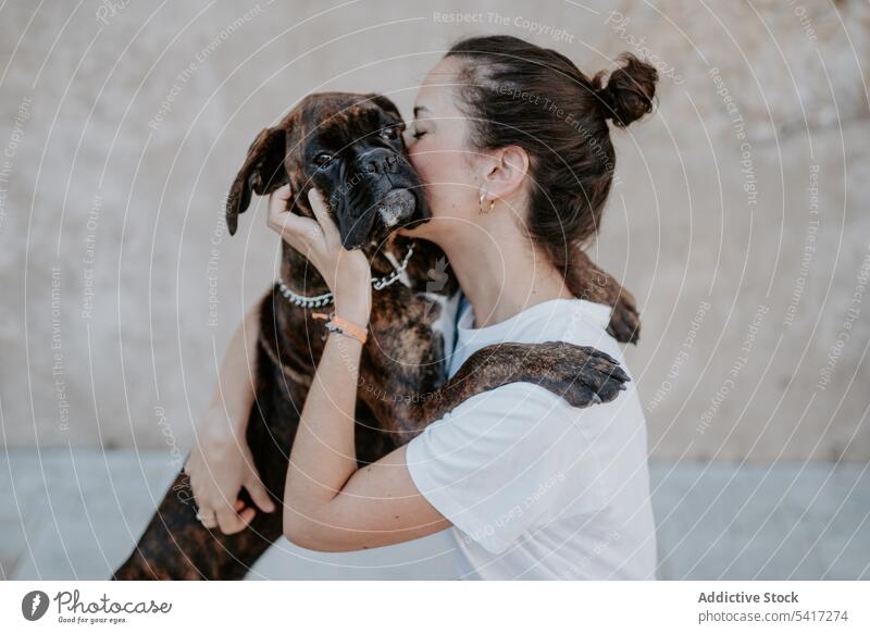 Junge Frau umarmt mit Fleckenhund Hund vertrauensvoll Freizeit Zusammensein Fröhlichkeit umarmend Boxer Tier Liebe Haustier jung Glück Freundschaft niedlich