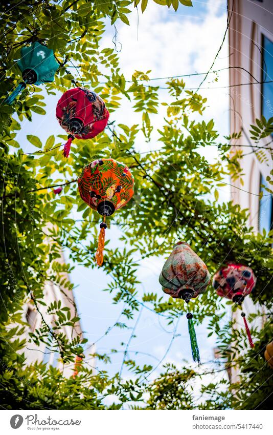 Farbenfrohe Lampions im Blätterdach Baum Deko Lichter Lampen Leuchten Stadt Dekoration Straße Festlich Japanisch Asiatisch