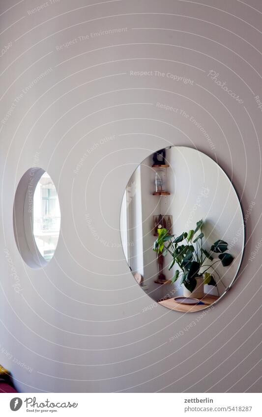 Wand mit einem Loch und einem Spiegel ecke einrichtung kinderzimmer nische raum wohnen wohnraum wand loch fenster spiegel spiegelbild pflanze zimmerpflanze
