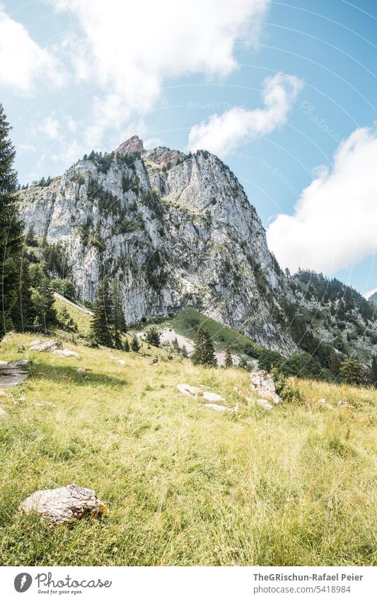 Aussicht auf grosser Mythen Farbfoto grosser mythen Berge u. Gebirge wandern Schweiz Tourismus Alpen Landschaft Außenaufnahme grün laufen Natur Umwelt Sommer