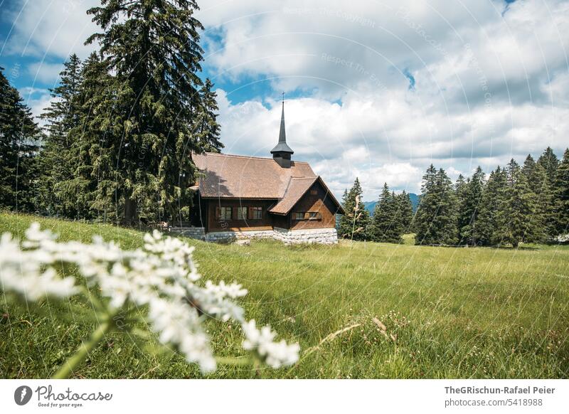 Kirche mit Baum und Blume im Vordergrund wandern Aussicht Berge u. Gebirge Schweiz Natur Landschaft Alpen Außenaufnahme Farbfoto Tourismus Wolken