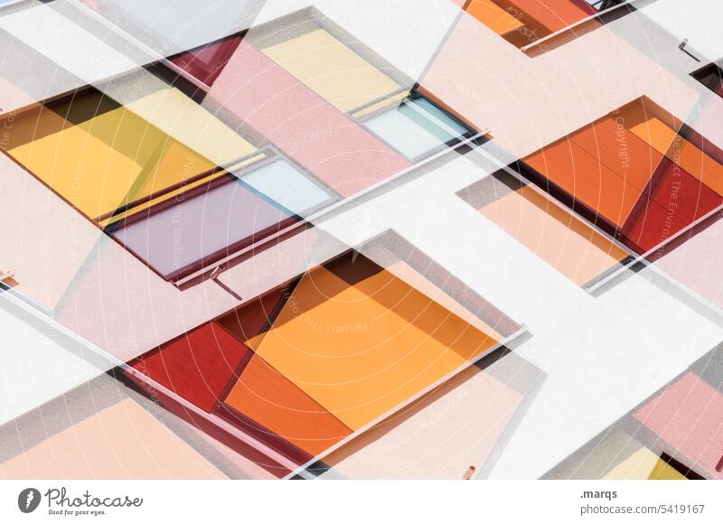 Fassade Muster abstrakt Nahaufnahme Hintergrundbild Doppelbelichtung Perspektive weiß rot orange modern trendy außergewöhnlich Design Stil Farbe mehrfarbig