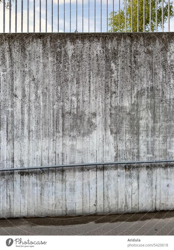 Hohe Betonwand einer Unterführung mit Geländer Wand Handlauf grau Blauer Himmel Mauer Architektur Strukturen & Formen abstrakt Baum