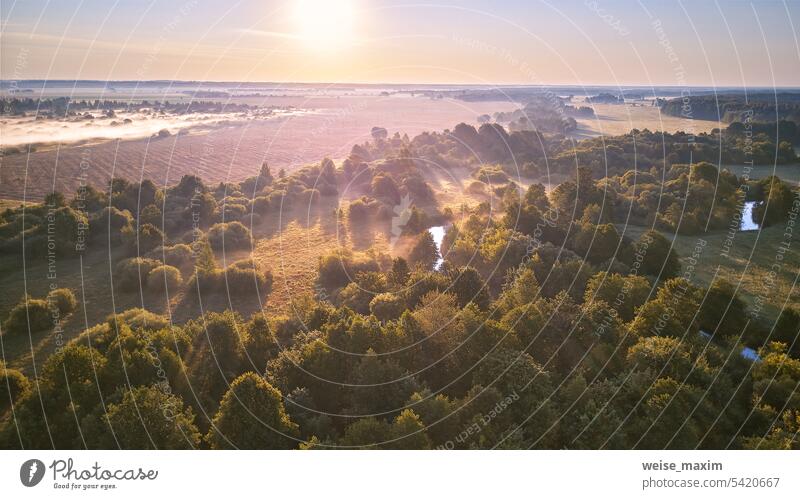 Aerial Sommer Sonnenaufgang Blick. Ländliche Landschaft, Fluss mäandert in Wald grünen Bäumen. Morgen neblige Szene. Serene Atmosphäre Nebel Panorama. Landwirtschaft Felder, Wald am Flussufer