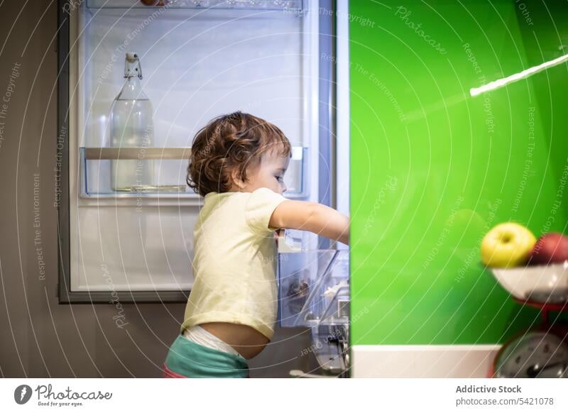 Kleinkind stiehlt Essen in der Küche Kühlschrank Lebensmittel Suche stehlen Snack offen heimwärts Hocker stehen Kind wenig niedlich Mahlzeit modern Zeitgenosse