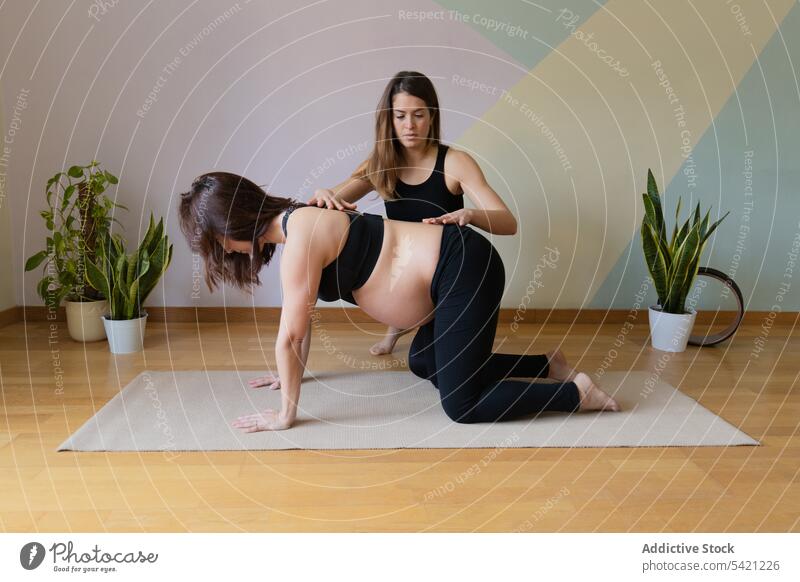 Eine Lehrerin unterstützt eine schwangere Frau beim Yoga-Training Frauen Atelier Trainerin Box-Pose abstützen Übung Zusammensein Gesundheit Wellness üben