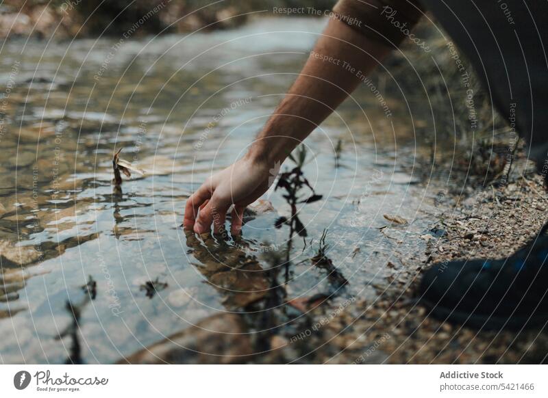 Mann berührt Wasser in einem Bach in der Natur Reisender Hand ruhen berühren Sauberkeit männlich sich[Akk] entspannen reisen Erholung Abenteuer Sommer Aktivität