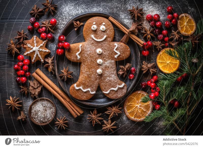 Generative AI-Illustration der Draufsicht der traditionellen Lebkuchenmann Keks auf dem Teller für die Weihnachtsferien auf Holztisch in der Nähe von verschiedenen Zutaten und dekorative Elemente platziert