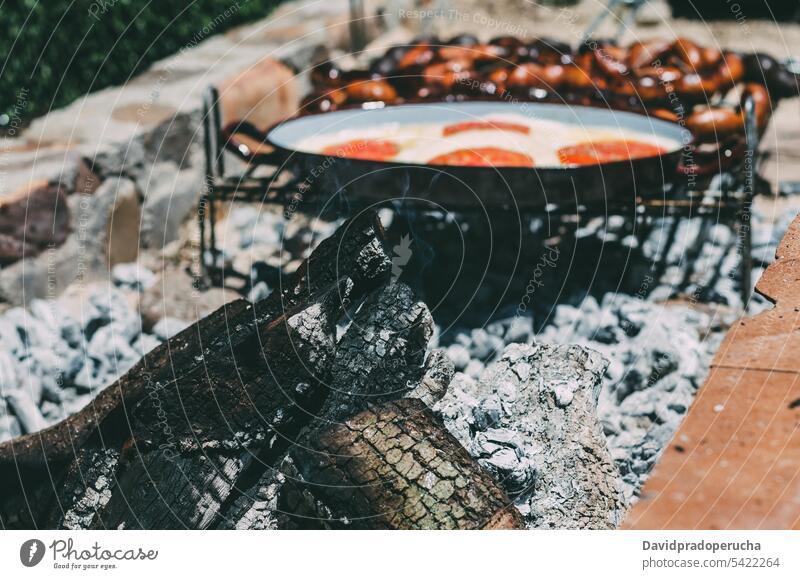 Holzkohlestamm, der in einem Grill brennt Kofferraum Brandwunde Barbecue chourizo Käse Provolone gebraten gegrillt zerlaufen Fleisch Tomaten Tier Kohle