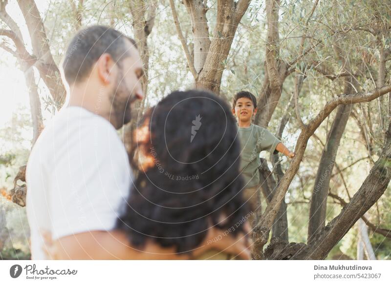 Kleiner Junge klettert auf den Baum und seine Eltern schauen ihn an. Sommer Familie Spaß Wochenende. Kindheit Konzept. Kletterbaum Bäume Ende der Woche