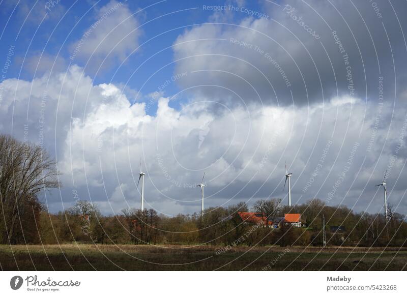 Windräder vor blauem Himmel mit Wolken im Sonnenschein auf Wiesen und Feldern bei Detmold am Teutoburger Wald im Lipperland in Ostwestfalen-Lippe windrad feld