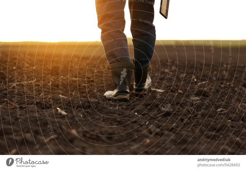 Landwirtschaft. Ausschnitt aus Rückenansicht Geschäftsmann Landwirt in Gummistiefeln geht entlang gepflügten Feld mit digitalen Tablet. Agronom überprüft und analysiert fruchtbaren Boden bei Sonnenaufgang. Agribusiness.