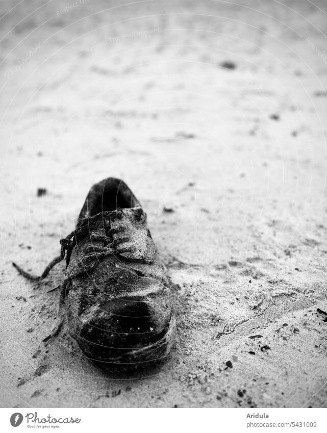 Strandgut | Alter schwarzer Schnürschuh Schuh Einzelner Schuh Sand verloren allein Meer Küste Wasser Fundstück Schnürsenkel angespült