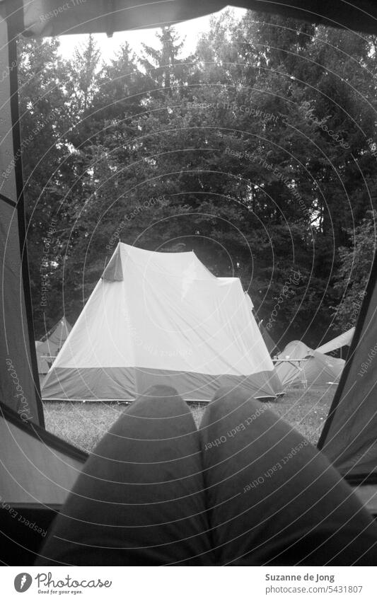 Blick aus einem Zelt beim Camping, während man auf dem Boden liegt. Der Blick ist auf einige andere Zelte auf dem Campingplatz. Das Bild hat einen dunstigen Filter, der die Stimmung kühl und authentisch macht.